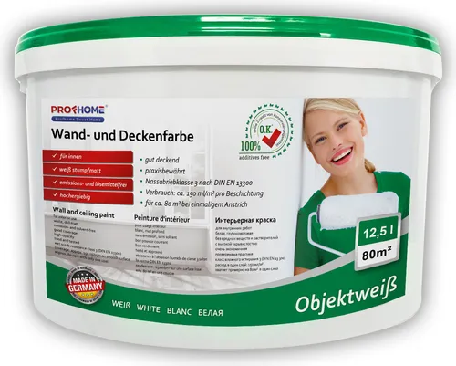 PROFHOME Objektweiß Wandfarbe 12,5 L - Hochergiebige Innenfarbe für Wand und Decke, gut deckend und geruchsarm. Ideal für Neu- und Renovierungsanstriche, reicht für ca. 80 qm. Emissionsfrei und umweltschonend.