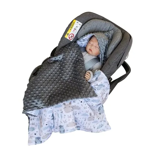 LOOLAY Einschlagdecke Babyschale - Babydecke Autositz 90x90 cm - Fußsack für Autositz Ganzjahresdecke - Minky und Bio-Baumwolle - 3 und 5 Punkt Gurt kompatibel (Hase)