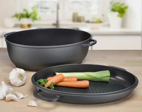 Spetebo Aluguss Bräter Set mit Grillpfanne - 8 L - Pfannen-Set aus Aluguss mit 8 L Fassungsvermögen, ideal für gleichmäßige Wärmeverteilung und antihaft Beschichtung, spülmaschinengeeignet für einfache Reinigung.