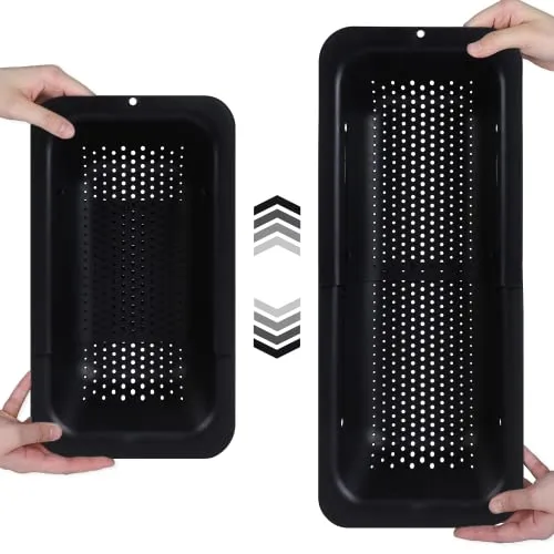 BLUE GINKGO Siebkorb über der Spüle – Gemüse und Obst waschen, gekochte Nudeln abtropfen lassen – ausziehbar – Küchenutensilien (20 B x 37~49 L x 7 H) cm – Schwarz