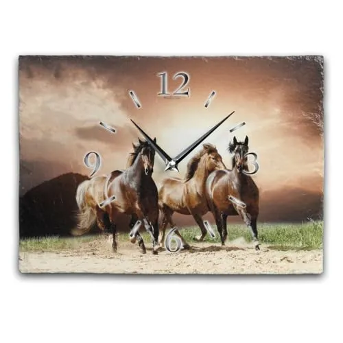 Kreative Feder Designer-Wanduhr aus Stein (Keramik) Größe ca. 35x25cm mit flüsterleisem Uhrwerk (Pferde, leises Funkuhrwerk)