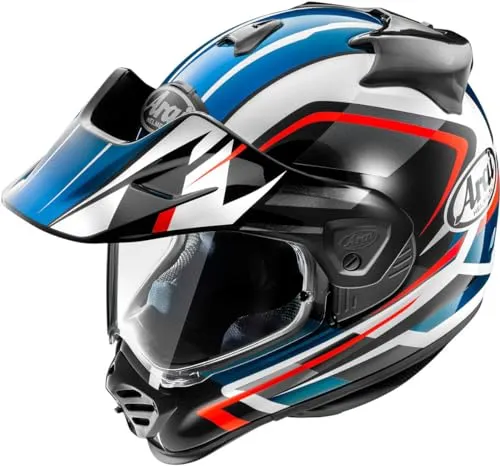 Arai Tour-X5 Discovery Crosshelm blau, L - Motorradhelm für On- und Off-Road-Einsatz, mit hypoallergenem Innenfutter und verbesserter Belüftung für optimalen Komfort. Leichtes Gewicht von ca. 1700 g und Notfallwangenpolster für Sicherheit.