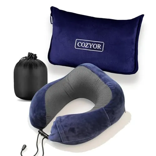 Cozyor Reiseset 2-teilig: Nackenkissen + Reisedecke - Kissen für Reisen, 2-in-1 Reisedecke und Nackenkissen aus Memory Schaum, ultraleicht und mit praktischer Befestigung für ungestörtes Reisen.