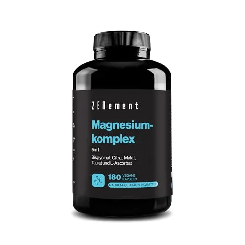 Magnesium Komplex, 5 in 1 - Bisglycinat, Citrat, Malat, Taurat & L-Ascorbat - Hohe Bioverfügbarkeit und Verträglichkeit, ohne Magnesiumoxid - 360 mg pro Dosis - 180 Kapseln - Zenement