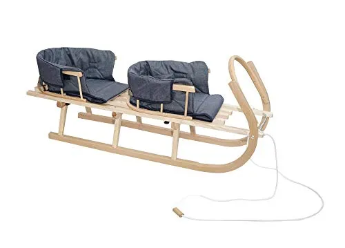 Schlitten Duo aus Holz Holzschlitten für Zwei Kinder mit Zwei Rückenlehne Rodelschlitten Davoser Schlitten aus Holz mit einem Sicherheitsgurt Rückenlehn Matratze für Kinder und Erwachsene