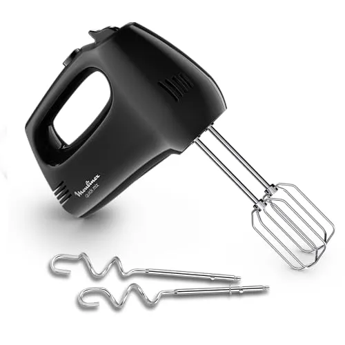 Moulinex Quickmix HM3108 - Handmixer mit 300 W, 5 Geschwindigkeiten, zwei Zubehörteile zum Kneten oder Rühren, Edelstahl, Brot, hausgemachte Pizza, Kuchenteig, klarer Schneepunkt, schwarz