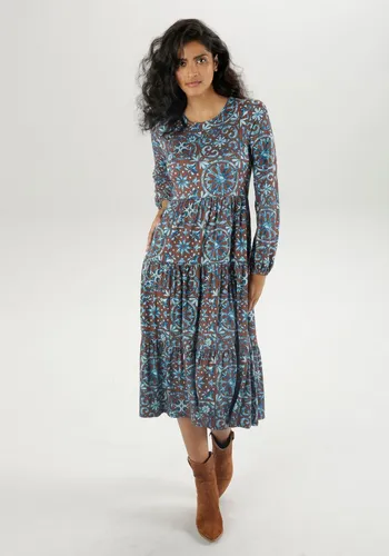 Aniston CASUAL Jerseykleid mit extravaganten Druck - Gemusterte Kleider, jedes Teil ein Unikat mit modischem Rundhalsausschnitt und voluminösem Volantsaum für einen eleganten Look.
