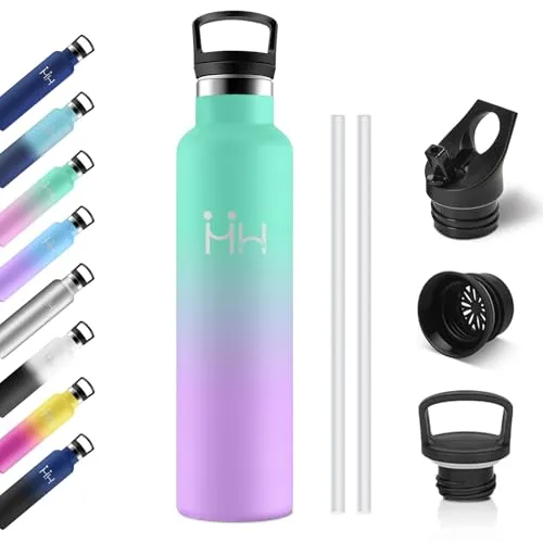 Thermosflasche 1L, Isolierflasche mit Strohhalm, Trinkflasche BPA-Frei, Kohlensäure Geeignet, Auslaufsicher Doppelwandig Thermoskanne, Wasserflasche für Fitness, Laufen, Büro, Kinder, Uni, Camping