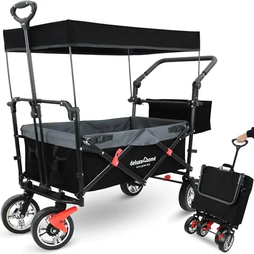 deluxe4home® Faltbarer Bollerwagen mit Dach Schwarz - Bollerwagen mit robustem Design, drehbaren Reifen und Tragfähigkeit bis 80 kg – ideal für Ausflüge, Camping und Strandausflüge.