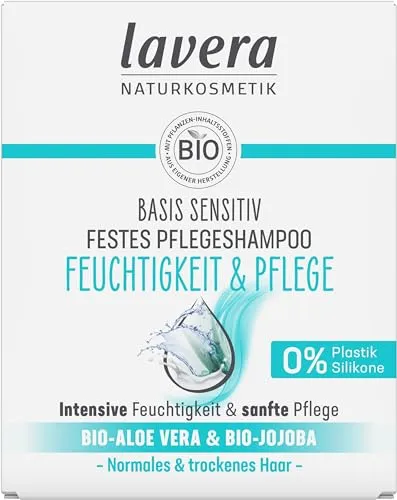 lavera Festes Pflegeshampoo basis sensitiv - Feuchtigkeit & Pflege ohne Silikone - Shampoo für empfindliche Kopfhaut mit bio-aloe vera und bio-quinoa, 3x ergiebiger als flüssige Alternativen, vegan und biologisch abbaubar.