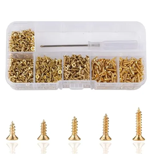 Roosea 1000 Stück Kleine Selbstschneidende Schrauben Metall M2 Holzschrauben Mini Kreuzschlitzschrauben Flachkopf Blechschrauben Set mit Schraubendreher, Gold, 5-10mm