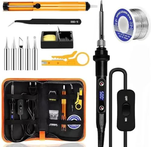 Lötkolben Set 80W mit LCD-Display - Lötgeräte: 13-in-1 Set mit präziser Temperaturregelung von 180-500°C, Ein/Aus-Schalter für Sicherheit und Energieeinsparung, ideal für Hobby und professionelle Elektronikarbeiten.