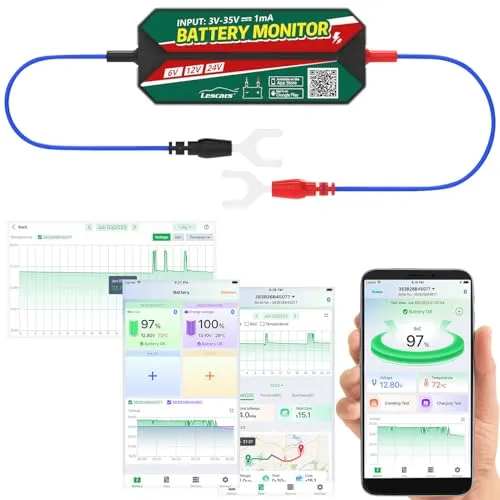 Lescars Batterietester: Kfz-Batterie-Wächter mit Bluetooth - Messgeräte für Autobatterien, überwacht Blei-Säure- und Lithium-Batterien bis 24 V, bietet Alarmbenachrichtigungen und Echtzeit-Datenübertragung via kostenloser App für iOS und Android.