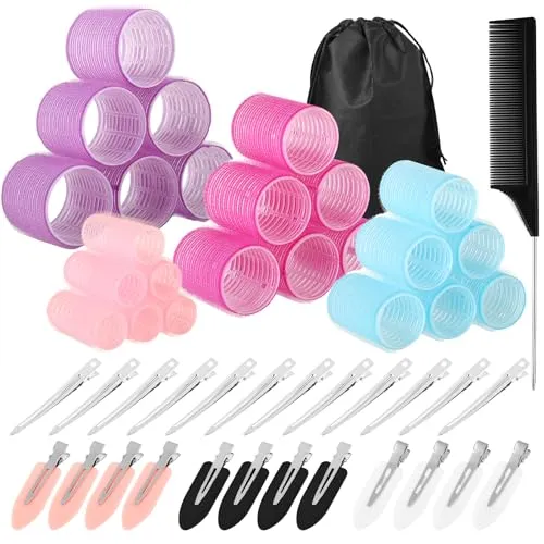Lockenwickler Set 50-teilig, 24 Klettwickler mit Clips, 4 Größen | Sanftes Styling ohne Hitze für große Locken, Volumen und natürliche Wellen bei kurzen bis langen Haaren