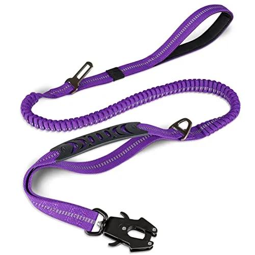 Joytale Taktische Hundeleine Bungee, 2 Griffe, Reflektierend, Große Hunde | 1,2–1,8 m dehnbar, gepolstert, Frog-Karabiner, auch als Auto-Sicherheitsgurt, für Mittelgroße bis XL Hunde, Lila