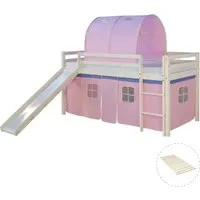 Homestyle4u Hochbett 90x200 mit Rutsche und Tunnel in Weiß - Hochbett für Kinderzimmer, inkl. Lattenrost, Rutsche und abnehmbaren Vorhang. Viel Stauraum und kreative Spielmöglichkeiten sorgen für Abenteuer und Spaß!