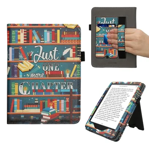 kwmobile Flip Cover kompatibel mit Amazon Kindle Paperwhite (2024)/Colorsoft - Hülle mit Handschlaufe Bibliothek Motto Mehrfarbig