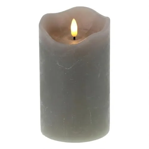 Fachhandel Plus LED Kerze grau mit 3D Flamme, Echtwachs Optik und Timerfunktion 6h 18h als flackernde Indoor Deko Kerze batteriebetrieben in verschiedenen Groessen (7,5 x 12,5 cm)