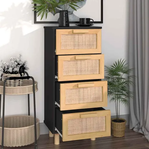 vidaXL Sideboard mit Schubladen - Kommode aus massivem Kiefernholz mit 4 Schubladen und natürlichem Rattan, bietet viel Stauraum und fügt sich harmonisch in jede Inneneinrichtung ein.