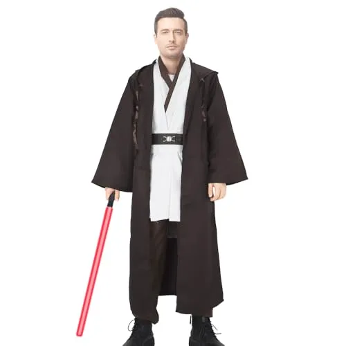 NUWIND Herren Jedi Kostüm Mittelalter Tunika Kapuze Umhang Umhang Bademantel Halloween Cosplay Outfit für Erwachsene, braun+weiß, L