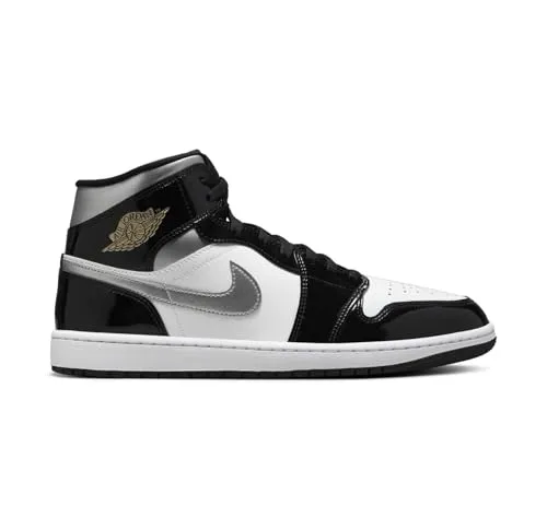 NIKE Air Jordan 1 Mid Herren Sneaker, Schwarz, Weiß, Metallic, Silber, Metallic, Gold, 42 EU