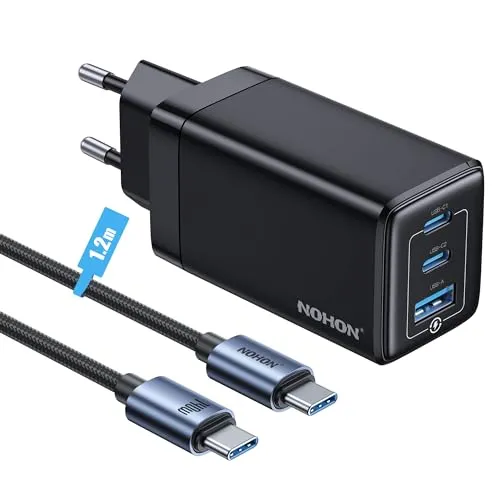 NOHON USB-C Ladegerät Fast Charger: 65W GaN Handy 3-Port Schnellladegerät PD3.0 mit 140W Typ-C 1.2M ladekabel | PPS kompatibel mit iPad Pro Air Galaxy S | für iPhone 15 14 13 12 Mini Pro Max