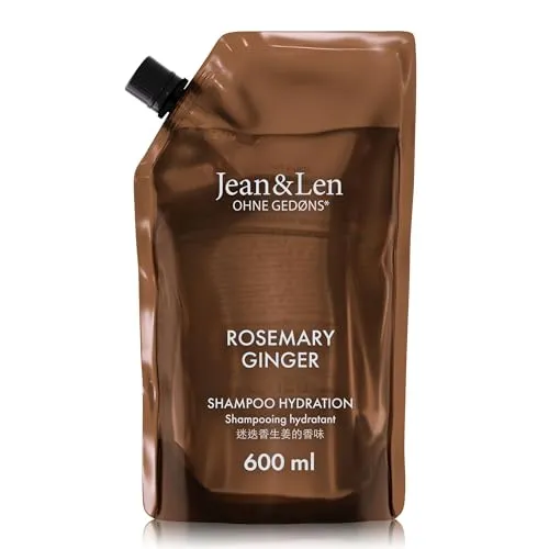 Jean & Len Shampoo Feuchtigkeit Rosemary & Ginger, Nachfüllbeutel, für trockenes & sprödes Haar, reinigt & pflegt spürbar, würzig-frischer Duft, ohne Silikone und Parabene, Nachfüllpack 600 ml