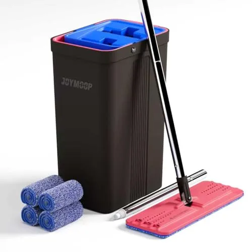 JOYMOOP Wischmopp und Eimer mit Auswringer-Set, freihändiger Flacher Bodenwischer und Eimer, mit 4 waschbaren Mikrofaser-Pads, Nass- und Trockengebrauch, Bodenreinigungssystem – Schwarz + Rot +