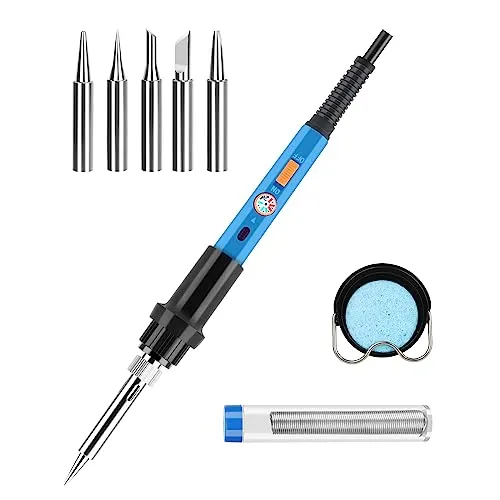 Lötkolben Set 60W,Lötkolben mit Einstellbar Temperatur 220-480°C Lötkolben mit Ein/Aus Schalter,10g Lötdraht,5 Lötspitzen,Entlötpumpe,Lötkolbenständer für Elektrotechnik Reparaturen Profi Hobbybastler