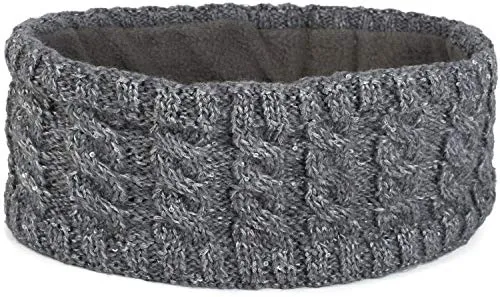 styleBREAKER Damen Strick Stirnband mit Zopfmuster und Pailletten, Fleece Futter, Haarband, Thermo Winter Headband 04026028, Farbe:Grau