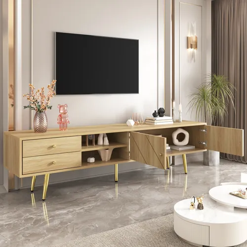 Merax TV-Lowboard in Holzoptik mit Goldfüßen, 160cm - Modernes TV-Lowboard mit einzigartigen Rillentüren und viel Stauraum. Ideal für Konsolen und Zubehör. Robuste Bauweise aus MDF und Spanplatte, perfekte Ergänzung für Ihr Wohnzimmer.