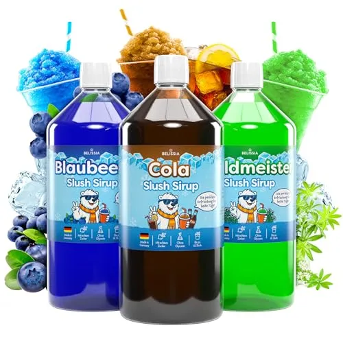 Belissia Slush Eis Sirup 3 x 1000ml | Blaubeer, Cola, Waldmeister - Farbiger Genuss für Slush-Eis - Sirup für Slush-Eis: Einfach Wasser dazugeben und bis zu 18 Liter köstlichen Eis-Spaß zaubern! Perfekt für Partys und Events – große Auswahl an Farben und Aromen.