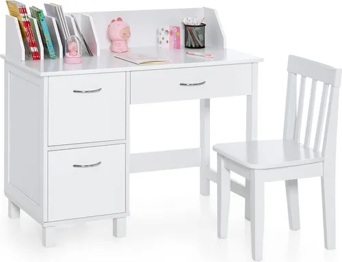 COSTWAY Kinderschreibtisch Set mit Stuhl und Regal in Weiß - Praktisches Kinderschreibtisch Set mit ergonomischem Stuhl, stabiler Konstruktion und vielfältigen Aufbewahrungsmöglichkeiten. Ideal für Zuhause oder Schulen, fördert Ordnung und Kreativität.
