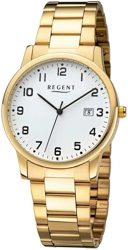 Regent Quarzuhr W0259 - 1975.39.89 - Elegante Armbanduhr für Herren und Damen mit goldfarben-weißem Edelstahlarmband, spritzwassergeschützt und Datumsanzeige für einen stilvollen Look im Alltag.