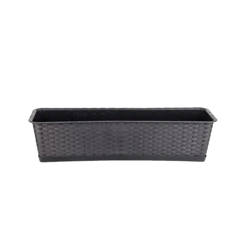 BigDean Blumenkasten mit Untersetzer 70 cm lang Rattan-Optik anthrazit - aus PP-Kunststoff - Balkon Pflanzkasten schmal Balkonkasten