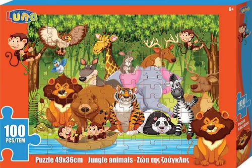 Diakakis Steckpuzzle Kinderpuzzle Dschungel Tiere 100-tlg. 49 x 36 cm, Puzzleteile