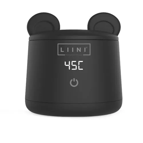 LIINI® BASIC Flaschenwärmer Baby mit Akku, 45W, schwarz – 4 Stufen 37/40/45/50°C, Akku 9.000 mAh, unterwegs & zuhause, USB-C, Staubschutz im Bärenohren-Look, BPA-frei, CE/RoHS