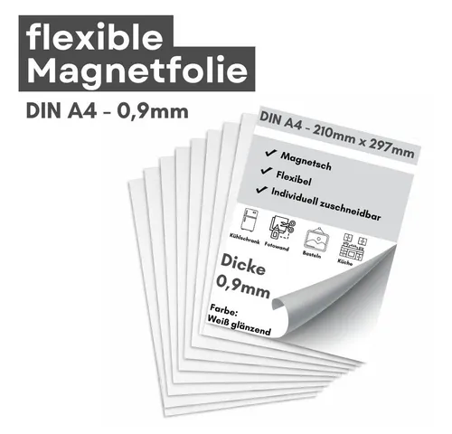 MaajeeKuto Magnetfolie weiß glänzend 0,9 mm DIN A4 - 20 Stück - Hochwertige anisotrope Magnetfolie im praktischen DIN A4-Format, flexibel zuschneidbar und ideal für kreative Projekte, Beschriftungen und Organisation. Extra starke Haftkraft für vielseitige Anwendungen.
