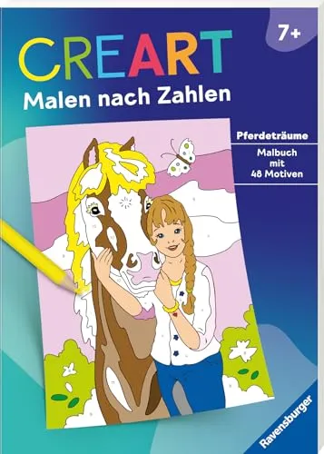 Ravensburger CreArt Malen nach Zahlen ab 7: Pferdeträume, Großes Malbuch, 48 Motive