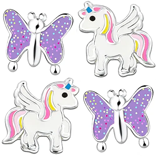Set Kinder Mädchen Ohrringe 925 Sterling Silber kleine Ohrstecker Baby Pferde Einhorn Schmetterling (K315o+P10)