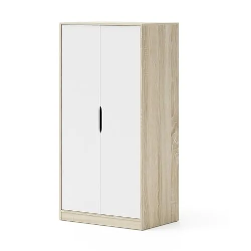 Zweitüriger Kleiderschrank, Garderobenschrank mit Kleiderstange 5 Fächern, viel Stauraum für Schlafzimmer, Jugendzimmer, 83,8 cm breit x 165 cm hoch x 55 cm tief, Samoa-Fuji (Sonoma Eiche/Weiß Matt)
