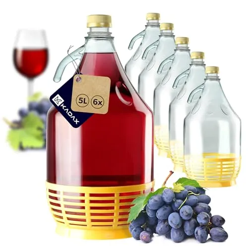 KADAX Weinballon 5L, Glasballon für Wein 6 stück, Weinfass aus Glas, Gärballon, Fass für Wein aus Glas, Bügelflasche mit Korb, Gärbehälter für Wein, Glasgärballon