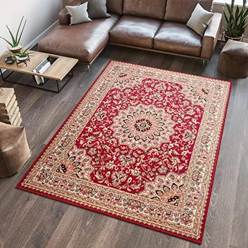 TAPISO Atlas Teppich Kurzflor Rot Creme Grün Klassisch Orientteppich Floral Mäander Orient Design Wohnzimmer Schlafzimmer ÖKOTEX 160 x 220 cm