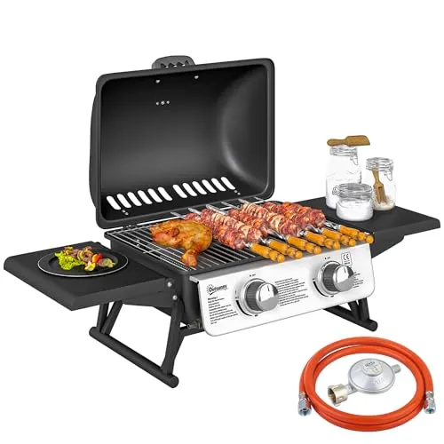 Outsunny Gasgrill mit 2 Edelstahl-Brennern und Thermometer - Genießen Sie unvergessliche Grillabende mit dem kompakten Outsunny Gasgrill. Ausgestattet mit zwei leistungsstarken Brennern, praktischen Seitentischen und einem integrierten Thermometer für optimale Temperaturkontrolle.