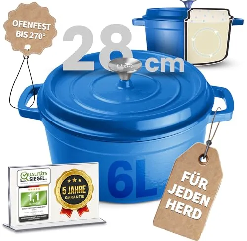 Ottia Gusseisen Topf 28 cm – Ideal für große Portionen mit eRezeptbuch - Pfannen: Robuster Gusseisen Schmortopf mit Aromanoppen für saftige Gerichte. Inkl. eRezeptbuch für köstliche Ideen und Tipps. Für alle Herdarten bis 270 °C.