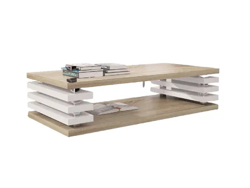 DC-3 Couchtisch Sonoma Eiche/Weiß Hochglanz 120x60cm - Beistelltisch für Wohnzimmer mit praktischer Ablagefläche - modern und stabil, ideal für kleine Räume und vielseitig einsetzbar.