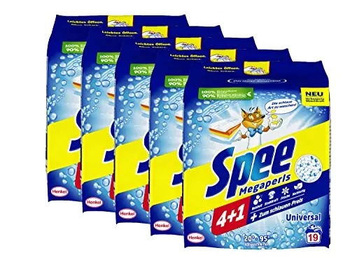 Spee Megaperls Universal Waschpulver 4 + 1, 95 WL (5 x 19 Waschladungen), Vollwaschmittel mit 4 + 1 Formel vereint Reinheit, Strahlkraft, Frische & Nachhaltigkeit, 20° - 95° C