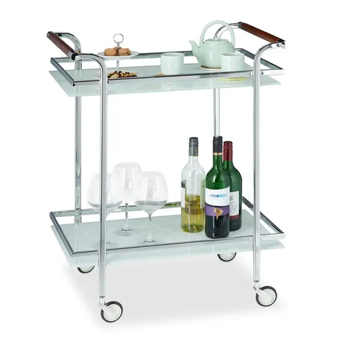 Servierwagen Milchglas Teewagen – Mobiler Barwagen mit Ablagen - Stylischer Servierwagen aus 80% Stahl und 20% Glas, perfekt für Küche und Wohnzimmer. Mit einer Breite von 66 cm und leichtem Design für einfaches Bewegen.