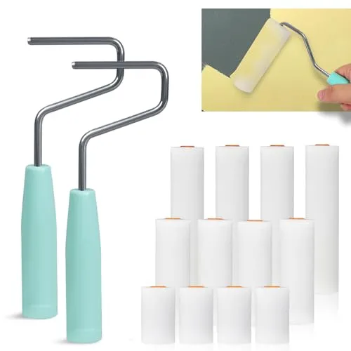 Farbroller Set, 14 Stück Malerrolle Klein Schaumstoffrolle 4 Zoll Lackierwalze Set Farbroller Wandfarbe Hochdichter Schaumwalze mit Griffen für Wand Flach Oberflächen