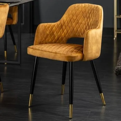 LEBENSwohnART Design Stuhl France Samt senfgelb Ziersteppung Armlehnen Esszimmerstuhl Retro